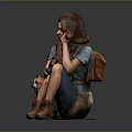 The Woman Sitting With Two Dogs In Blue Shirt Denim Shorts Brown Boots And Backpack