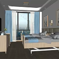 Modern Bedroom Interior With Comfortable Bed TV Blue Curtains And Paintings