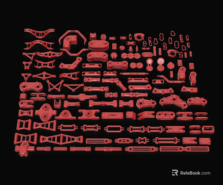 Assorted Red Mechanical Parts Display With Various Shapes On Black Background 3d model 