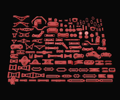 Assorted Red Mechanical Parts Display With Various Shapes On Black Background 3d model