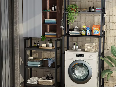 Practical Balcony Cabinet In Laundry Area With Washer Storage Shelves Plants Cleaning Supplies And Towels 3d model