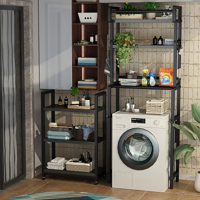 Practical Balcony Cabinet In Laundry Area With Washer Storage Shelves Plants Cleaning Supplies And Towels 3d model