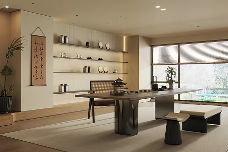 New Chinese Style Tea Room Tea Tasting Area Balcony Tea Room Club Tea Room Tea Room Tea House Tea Room Tea Table and Chair Combination Tea Cabinet Tea Set Tea Tray Storage Cabinet Chandelier Potted Plant 3d model
