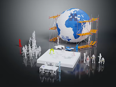 Globe Model Maintenance Setup With Yellow Scaffolding White Miniature People And Workbench Equipment 3d model