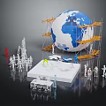 Globe Model Maintenance Setup With Yellow Scaffolding White Miniature People And Workbench Equipment