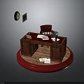 Wooden Desk Interior With Red Chair Table Lamp Wall Clock Picture Frame Scattered Papers