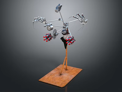 Mechanical Spider Creature With Metal Claws Red Components And Wooden Base 3d model