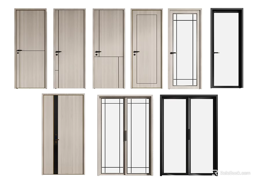 Stylish Hinged Doors With Wooden Glass Panels Light Black Finishes And Single Double Designs 3d model 