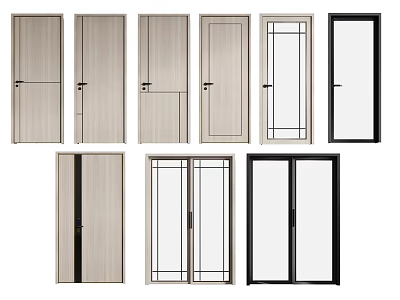 Stylish Hinged Doors With Wooden Glass Panels Light Black Finishes And Single Double Designs 3d model