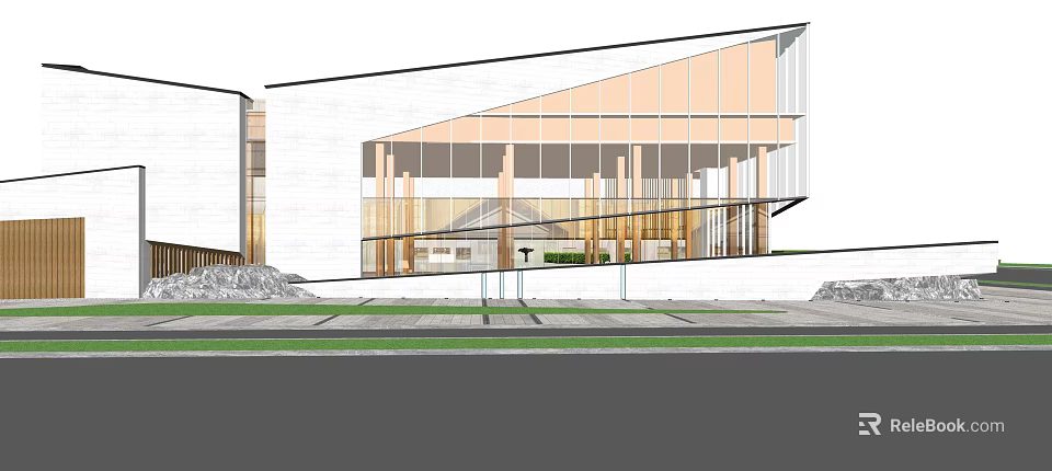 Modern Garden Landscape Design With Glass Building And Interior Green Space 3d model 