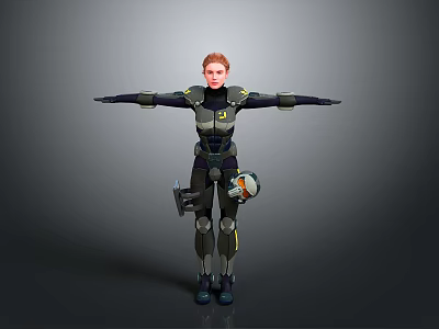 Futuristic Sci Fi Character In Armored Costume With Yellow Accents And Outstretched Arms 3d model