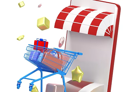 Mobile Online Shopping Store With Red White Awning Cart Gifts Stars 3d model