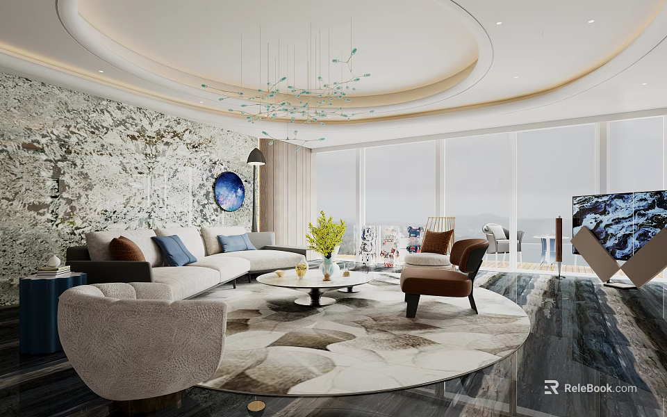 Modern Spacious Luxury Living Room With Panoramic Sea View Marble Accent Wall And Comfortable Sofas 3d model 
