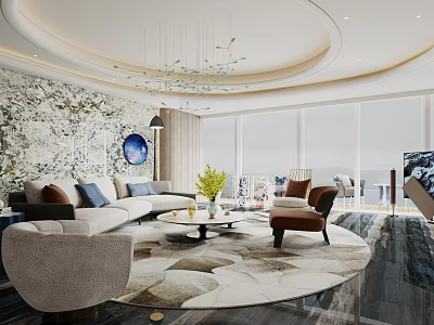 Modern Spacious Luxury Living Room With Panoramic Sea View Marble Accent Wall And Comfortable Sofas 3d model