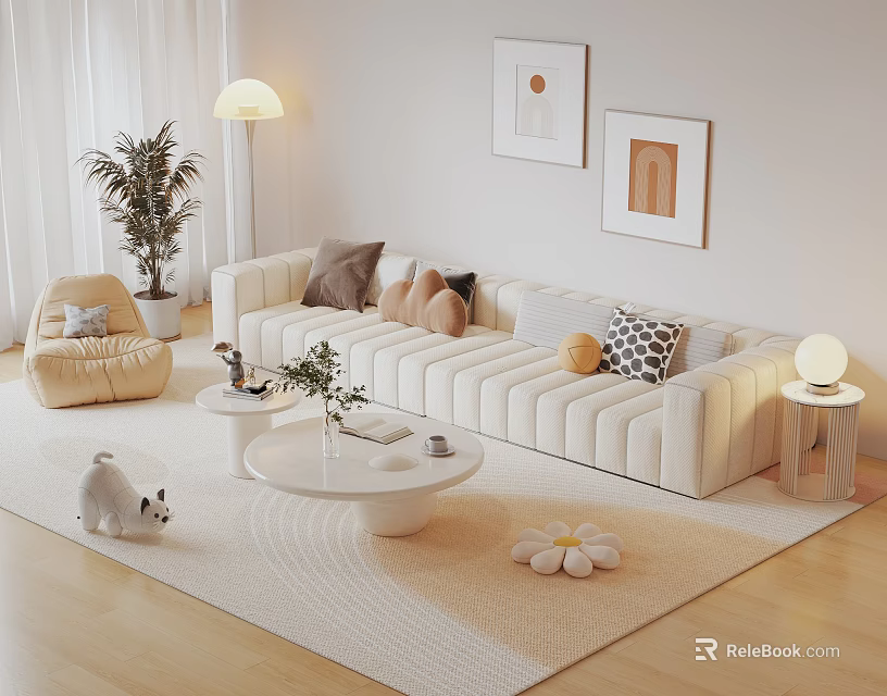 Beige Sofa And Coffee Table Set With Multiple Pillows Rug Floor Lamp And Decorative Paintings 3d model 