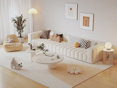 Beige Sofa And Coffee Table Set With Multiple Pillows Rug Floor Lamp And Decorative Paintings 3d model
