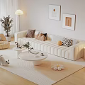 Beige Sofa And Coffee Table Set With Multiple Pillows Rug Floor Lamp And Decorative Paintings
