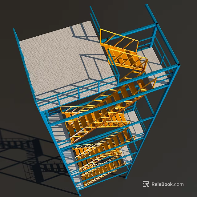 Multi Level Metal Staircase With Blue Railings And Yellow Steps Design 3d model