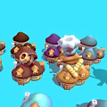 Colorful Cartoon Scene with Various Mushroom Houses Windmill and Small Elements like Trees Barrels
