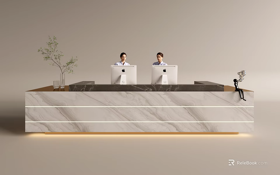 Modern Front Desk Reception Interior With Marble Countertop Staff Computers And Green Plant 3d model 