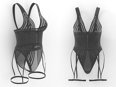 Stylish Black Mesh Striped Bodysuit Clothing With Straps And Leg Straps 3d model