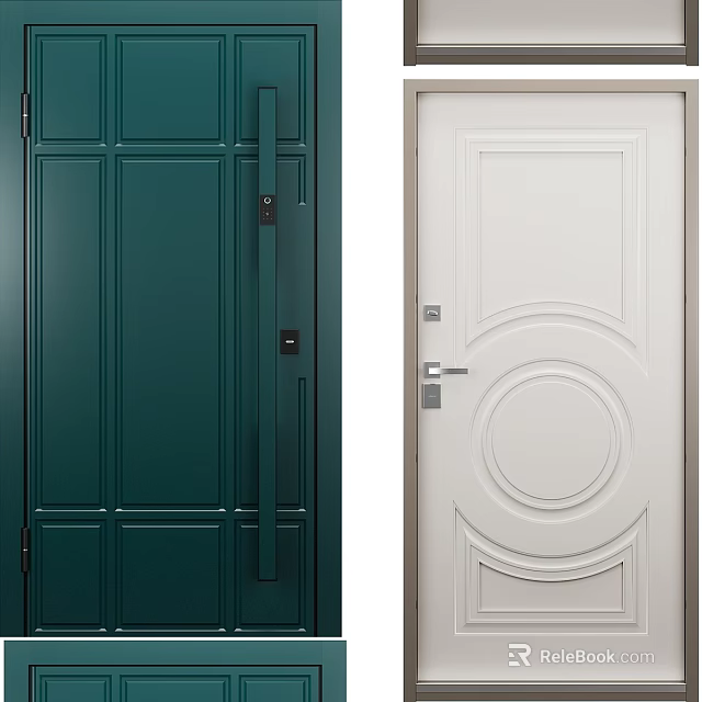 Dark Green And White Swing Door Featuring Vertical Panels Round Decor And Curved Details 3d model 
