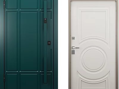 Dark Green And White Swing Door Featuring Vertical Panels Round Decor And Curved Details 3d model