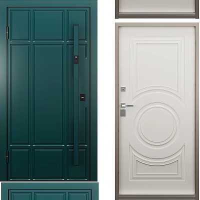 Dark Green And White Swing Door Featuring Vertical Panels Round Decor And Curved Details 3d model