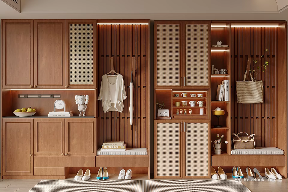 Modern Wooden Shoe Cabinet with Clothing Hanging Area Storage Space and Shoe Bench 3d model 