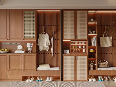 Modern Wooden Shoe Cabinet with Clothing Hanging Area Storage Space and Shoe Bench 3d model