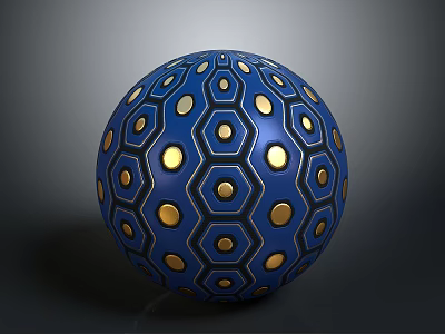 Blue Decorative Sphere With Gold Hexagonal Patterns And Circular Dots 3d model