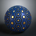 Blue Decorative Sphere With Gold Hexagonal Patterns And Circular Dots 3d model