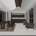 Hotel Public Lounge Area Featuring Large Windows Comfortable Sofas Wooden Long Table And Bookshelves