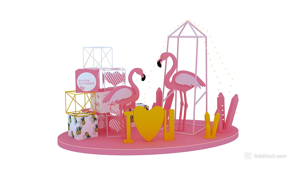 Pink Photo Spot with Pink Flamingos Yellow Heart I LOVE YOU Letters and Geometric Decor 3d model 