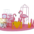 Pink Photo Spot with Pink Flamingos Yellow Heart I LOVE YOU Letters and Geometric Decor