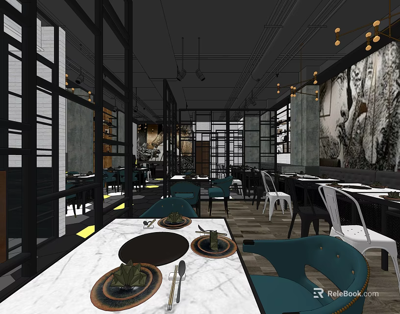 Modern Hotpot Restaurant Interior With Marble Tables Chairs And Decorative Paintings 3d model 