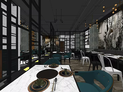 Modern Hotpot Restaurant Interior With Marble Tables Chairs And Decorative Paintings 3d model