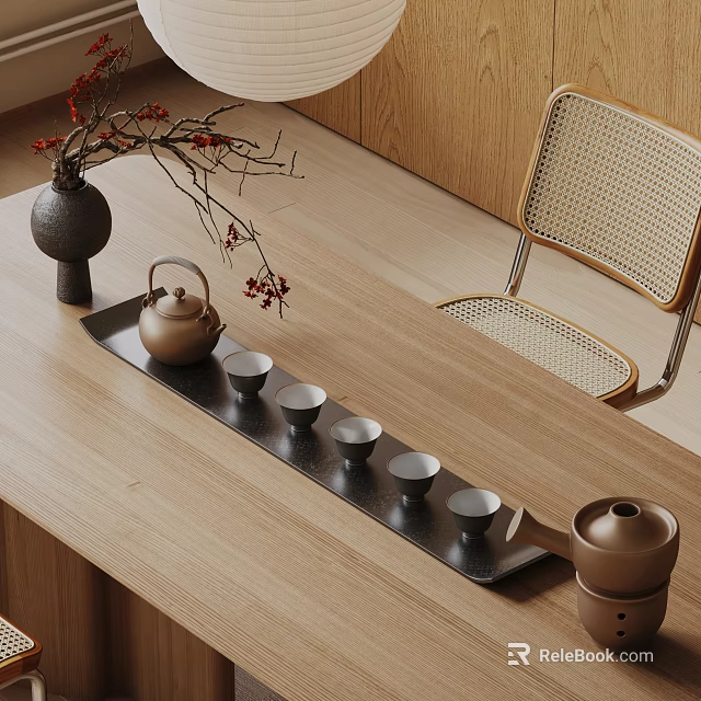 Natural Style Tea Set With Brown Teapot Cups Black Tray And Vase On Wooden Table 3d model 
