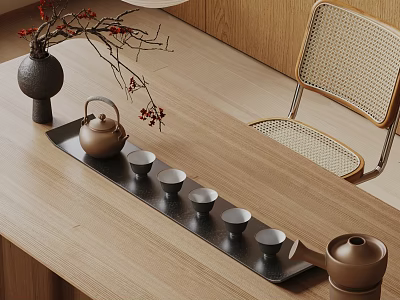 Natural Style Tea Set With Brown Teapot Cups Black Tray And Vase On Wooden Table 3d model