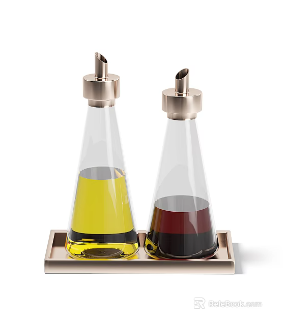 Glass Condiment Bottles with Metal Caps on Metal Tray Holding Yellow and Dark Liquids 3d model 