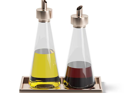 Glass Condiment Bottles with Metal Caps on Metal Tray Holding Yellow and Dark Liquids 3d model