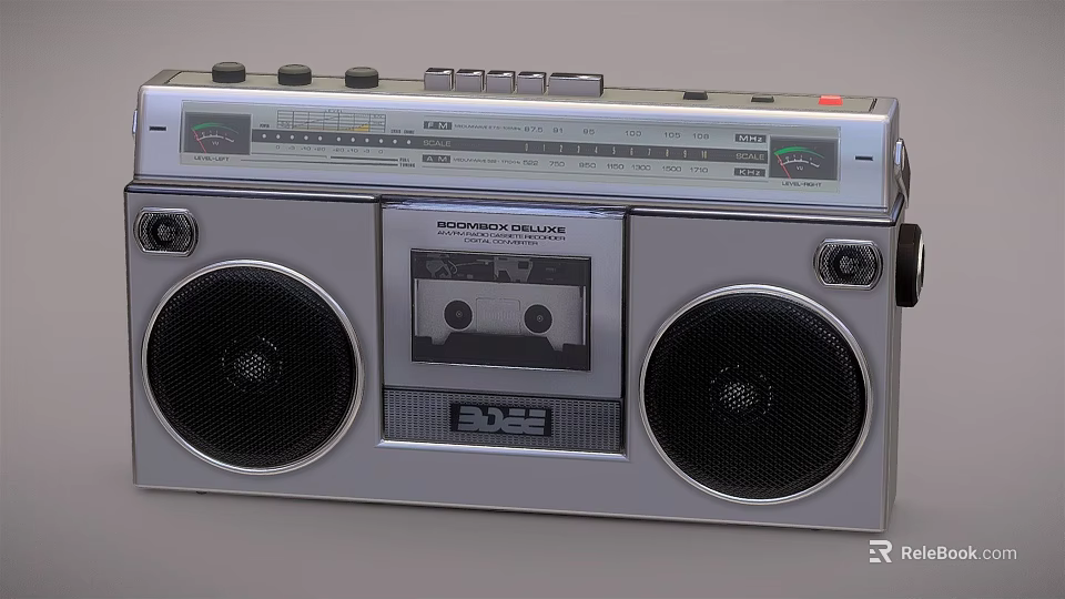 Vintage Silver Boombox with Dual Large Speakers Cassette Player and Control Buttons 3d model 
