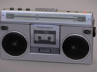 Vintage Silver Boombox with Dual Large Speakers Cassette Player and Control Buttons 3d model