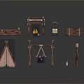 Outdoor Wooden Camping Furniture Collection With Swing Tent Shelves And Campfire