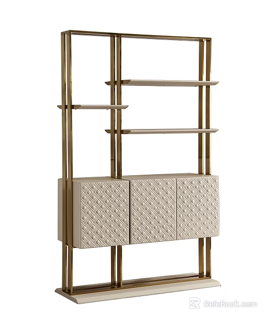 Modern Bookshelf Featuring Gold Metal Frame Textured Cabinet Doors And Multiple Open Shelves 3d model 
