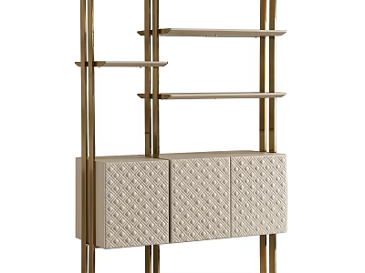 Modern Bookshelf Featuring Gold Metal Frame Textured Cabinet Doors And Multiple Open Shelves 3d model
