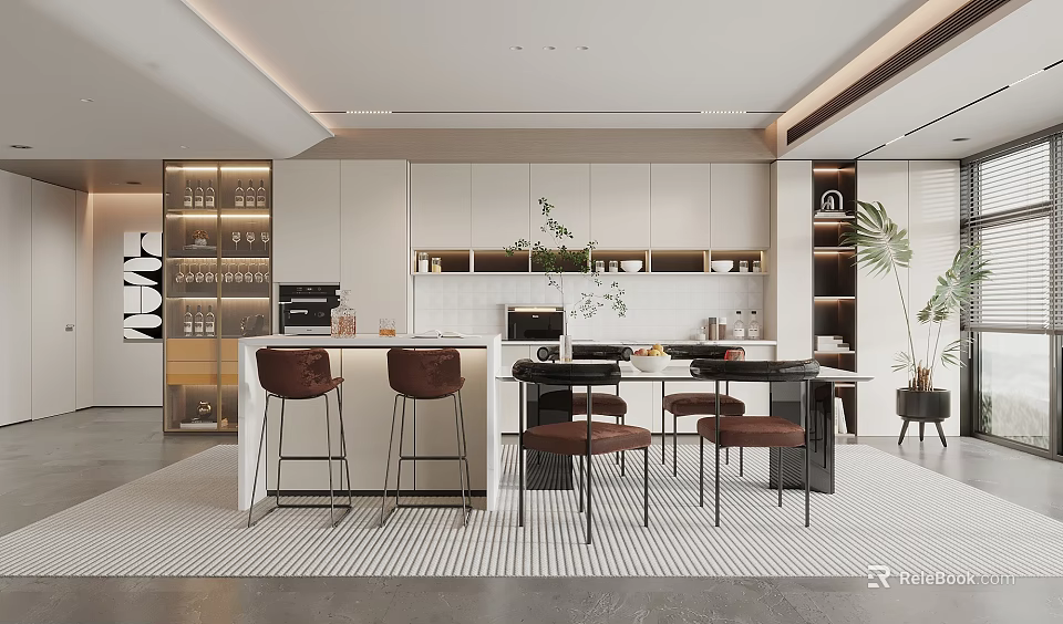 Modern Restaurant Interior With Open Layout Dining Table Chairs And Green Plants Decor 3d model