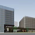 Modern Commercial Office Building Exterior With Glass Curtain Walls And Urban Street View