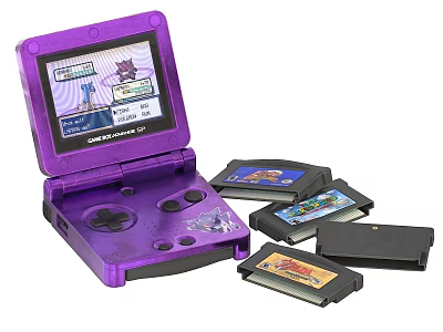 Purple Game Boy Advance SP Entertainment Console With Multiple Game Cartridges 3d model
