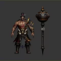 A Muscular Man In Ornate Warrior Armor Holding Large Decorative Spiked Weapon